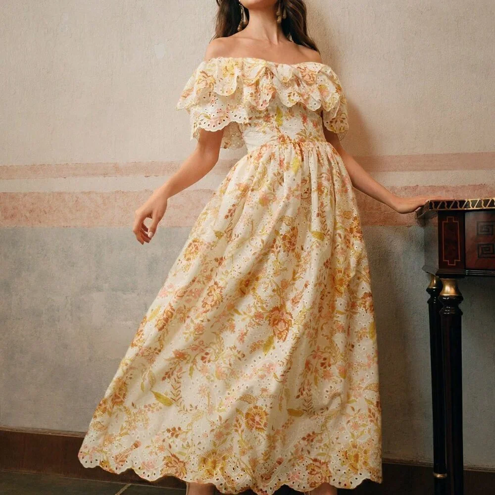 Multicolor Elegant Women's Off Shoulder Ruffled Floral Embroidered Dress